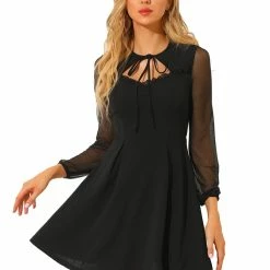 Allegra K Women's Ruffled Sweetheart Neckline A-Line Tie Neck Mesh Long Sleeve Mini Dress