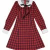Allegra K Women's Contrast Peter Pan Collar Long Sleeve A-Line Plaid Dress