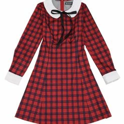 Allegra K Women's Contrast Peter Pan Collar Long Sleeve A-Line Plaid Dress