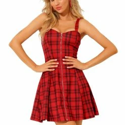 Allegra K Women's Plaid Check Strap Zipper Front Sleeveless Dress