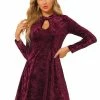 Allegra K Women's Keyhole Neck Dresses High Waist Long Sleeve Velvet Swing Mini Dress 1 Allegra K Women's Keyhole Neck Dresses High Waist Long Sleeve Velvet Swing Mini Dress