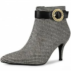 Allegra K Women's Buckle Stiletto High Heels Houndstooth Ankle Boots Shoes