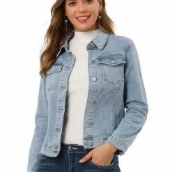 Allegra K Women's Denim Coat Jean Button Front Washed Vintage Jacket