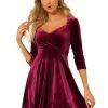 Allegra K Women's Velvet Sweetheart Neck 3/4 Sleeves Fit And Flare Party Valentine's Day Dress