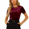 Allegra K Women's Velvet Top Crew Neck Short Sleeve Casual T-Shirt