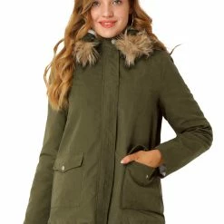 Allegra K Women's Zip Up Parka Faux Fur Collar Hoodie Cargo Jacket