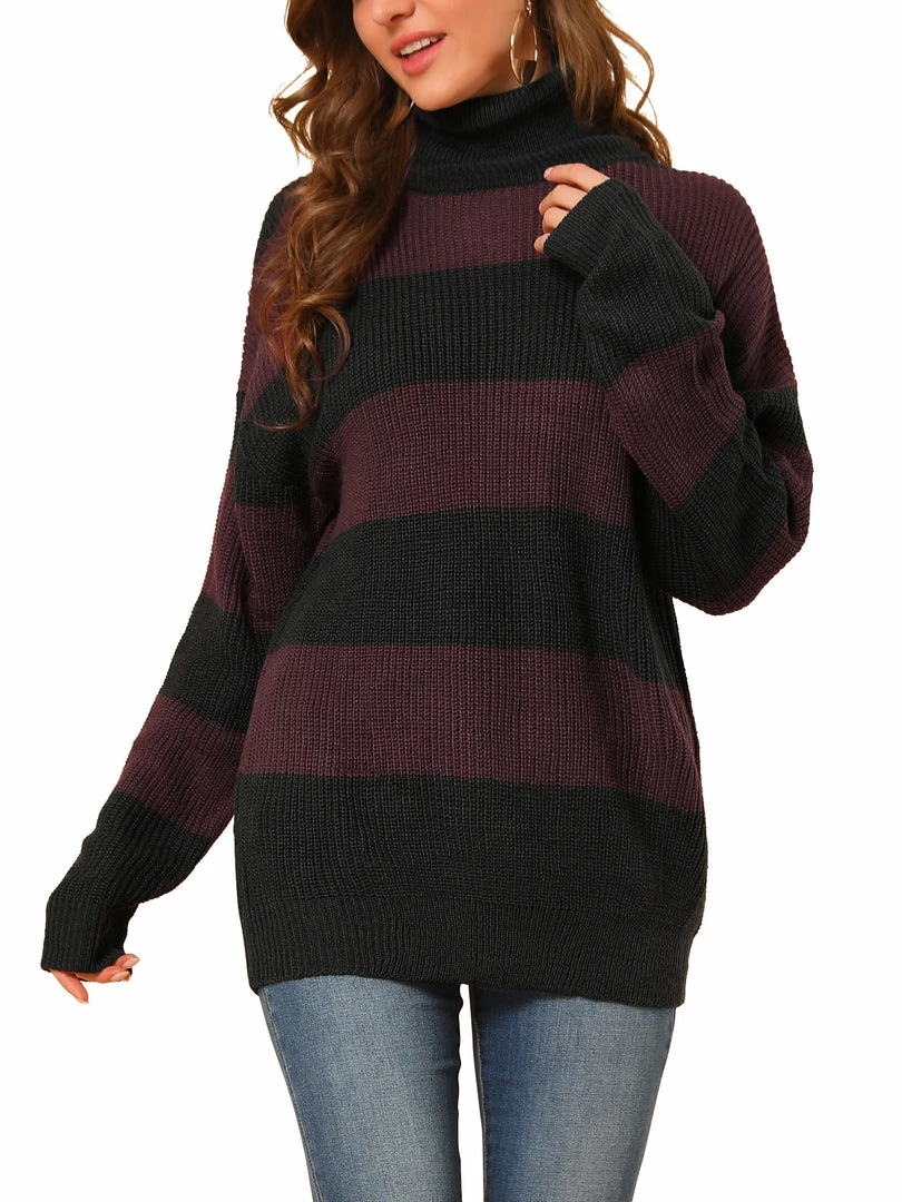 Allegra K Women's Turtleneck Patchwork Knitted Batwing Sleeve Tunic Pullover Striped Sweater 3 Allegra K Women's Turtleneck Patchwork Knitted Batwing Sleeve Tunic Pullover Striped Sweater