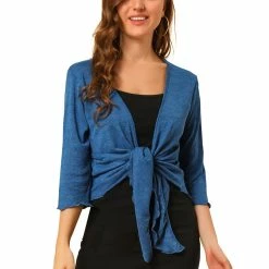 Allegra K Women's Open Front Shrug Cardigans Self Tie Lightweight 3/4 Sleeve Cardigan