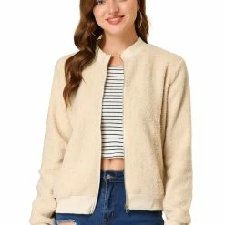Allegra K Women's Fuzzy Long Sleeve Casual Zip Up Bomber Jacket With Pockets