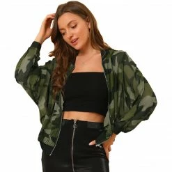 Allegra K Women's Camouflage Paint Long Sleeve Zipper Elastic Camo Lightweight Jacket