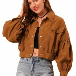 Allegra K Women's Casual Button Down Short Jackets Puff Long Sleeve Cropped Corduroy Jacket
