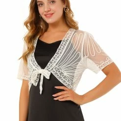 Allegra K Women's Lace Mesh Short Tie Front Shrug