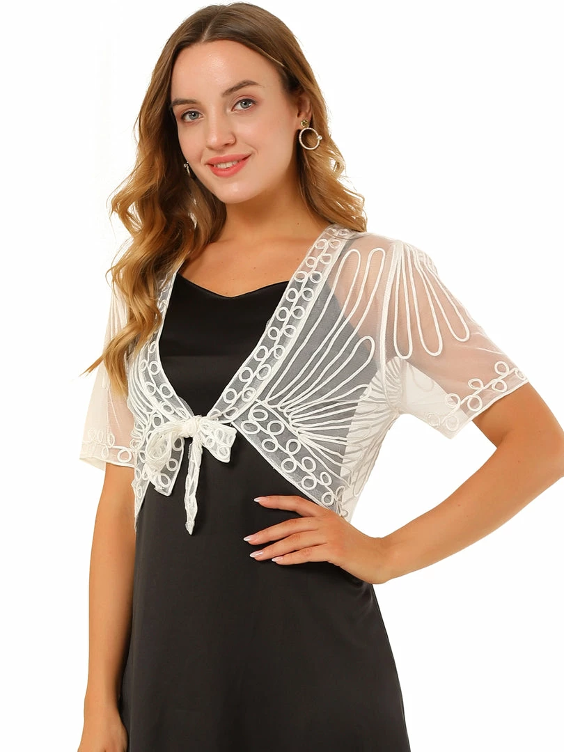 Allegra K Women's Lace Mesh Short Tie Front Shrug 3 Allegra K Women's Lace Mesh Short Tie Front Shrug