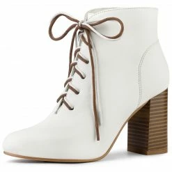 Allegra K Women's Round Toe Lace Up Chunky Heels Ankle Booties