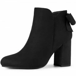 Allegra K Shoes Women's Round Toe Bow Decor Chunky Heel Ankle Boots