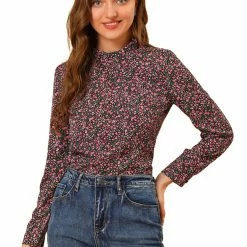 Allegra K Women's Floral Print Long Sleeve Ruffle High Neck Chiffon Blouse
