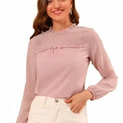 Allegra K Women's Swiss Dots Textured Ruffle Neck Long Sleeve Blouse