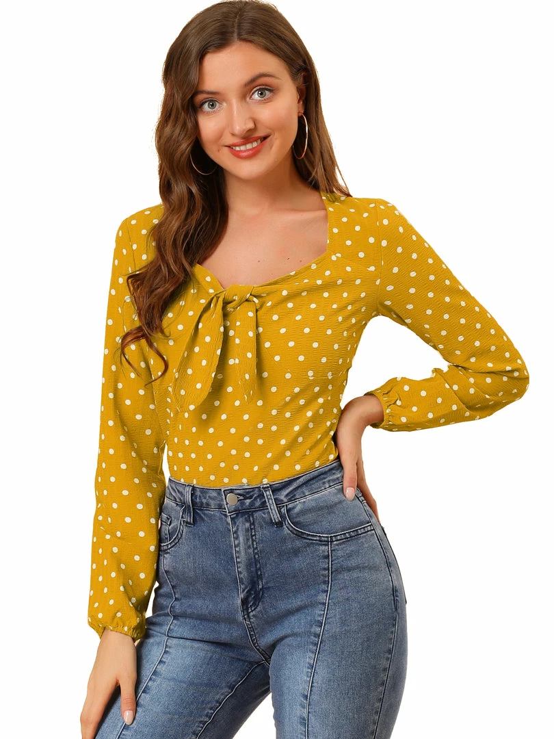 Allegra K Women's Casual Tie Long Sleeve Polka Dots Top 3 Allegra K Women's Casual Tie Long Sleeve Polka Dots Top