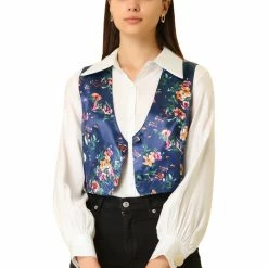Allegra K Women's Floral Pattern Button Closure Satin Waistcoat Vest