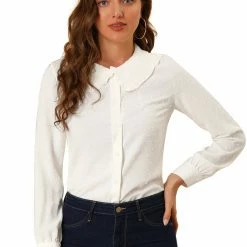 Allegra K Women's Swiss Dots Long Sleeves Button Front Shirt Peter Pan Collar Blouse