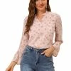 Allegra K Women's Smocked Sleeve Ruffle Neck Semi Sheer Chiffon Floral Blouse