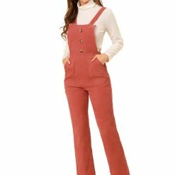Allegra K Women's Casual Elastic Back Corduroy Overalls Strap Pants