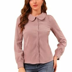 Allegra K Women's Peter Pan Collar Casual Long Sleeve Corduroy Button Down Shirt