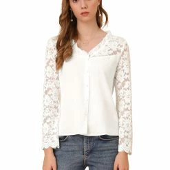 Allegra K Women's Lace Floral Panel Blouse Ruffle Trim V Neck Long Sleeves Button Front Chiffon Top