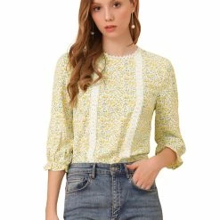 Allegra K Women's Chiffon 3/4 Sleeves Round Neck Ruffle Cuff Ditsy Floral Blouse