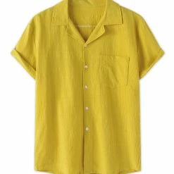 Allegra K Men's Linen Shirt Summer Casual Camp Collar Short Sleeve Button Down Beach Shirts