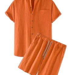 Allegra K Men's Linen Sets Band Collar Button Down Short Sleeves Shirt Solid Beach Shorts Suits