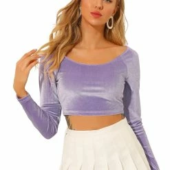 Allegra K Women's Velvet Long Sleeve Off Shoulder Solid Crop Top