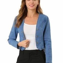Allegra K Women's Open Front Long Sleeve Button Decor Washed Cropped Denim Jacket