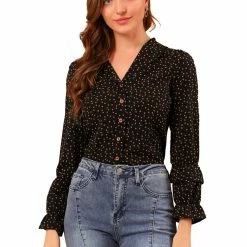 Allegra K Women's Puff Long Sleeve Blouse Heart Polka Dots Button Up Shirts