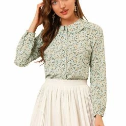 Allegra K Women's Casual Peter Pan Collar Floral Chiffon Top Shirt