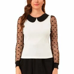 Allegra K Women's Peter Pan Collar Contrast Color Mesh Sheer Dots Sleeve Tops