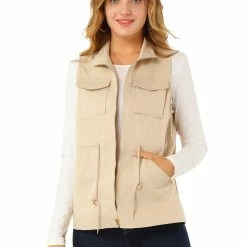 Allegra K Women's Utility Sleeveless Casual Drawstring Zipper Cargo Vest