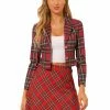 Allegra K Women's Notched Lapel Stretch Plaid Preppy Tartan Crop Blazer