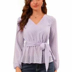 Allegra K Women's V Neck Swiss Dots Blouse Lantern Sleeve Tie Waist Chiffon Peplum Top