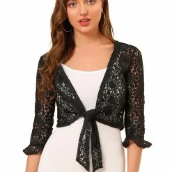 Allegra K Women's Elegant Ruffled Sleeve Tie Front Lace Bolero Shrug Top