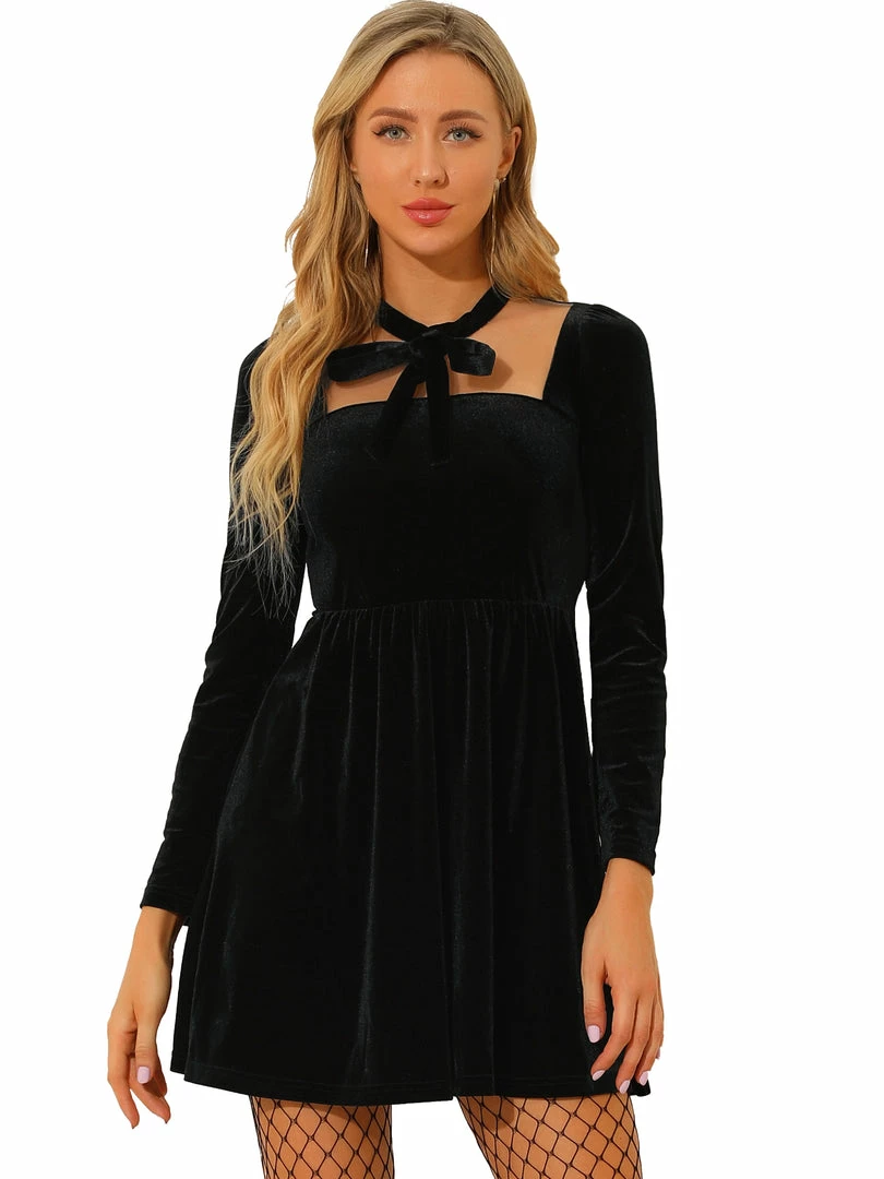 Allegra K Women's Velvet Party Sheer Mesh Panel Tie Neck Sexy A-Line Mini Dress 3 Allegra K Women's Velvet Party Sheer Mesh Panel Tie Neck Sexy A-Line Mini Dress