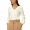 Allegra K Women's Long Sleeve Casual Lace Trim Career V Neck Blouse