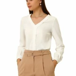 Allegra K Women's Long Sleeve Casual Lace Trim Career V Neck Blouse