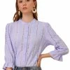 Allegra K Women's Ruffle 3/4 Sleeve Solid Button Front Eyelet Embroidery Blouse