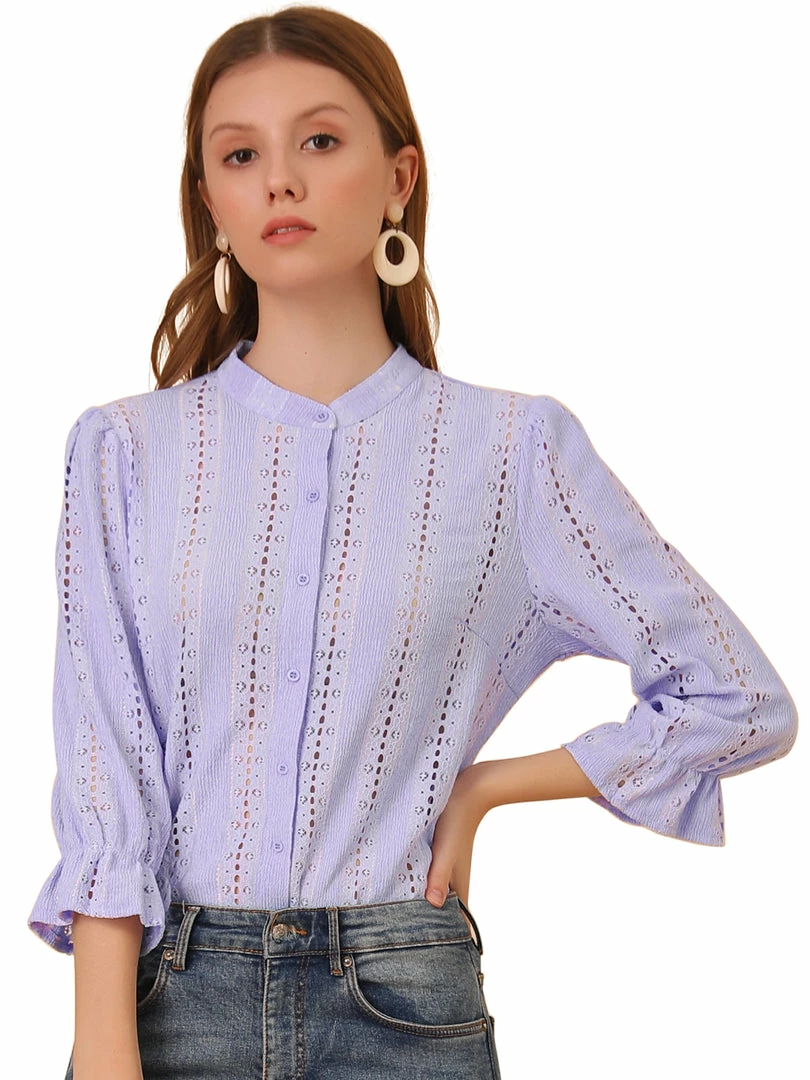 Allegra K Women's Ruffle 3/4 Sleeve Solid Button Front Eyelet Embroidery Blouse 3 Allegra K Women's Ruffle 3/4 Sleeve Solid Button Front Eyelet Embroidery Blouse