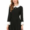 Allegra K Women's Peter Pan Collar Contrast Button Decor Long Sleeve Flare Dress