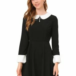 Allegra K Women's Peter Pan Collar Contrast Button Decor Long Sleeve Flare Dress