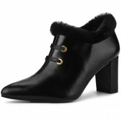 Allegra K Shoes Women's Lace Up Pointed Toe Block Heel Ankle Booties