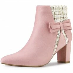 Allegra K Women's Plaid Pointed Toe Block Heels Ankle Boots Shoes