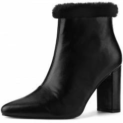 Allegra K Women's Pointed Toe Faux Fur Block Heel Ankle Boots Shoes
